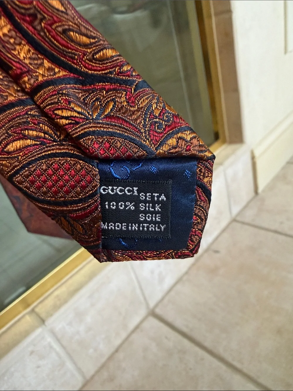 Gucci Red Paisley Silk Tie with Blue and Gold Accents